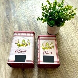 OLIVES metal tin cans holders kitchen decor accents. Chalkboard to write on.